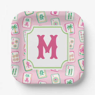 Rosa und grüne Palm-Beach-Mahjong-Kacheln-Monogram Pappteller
