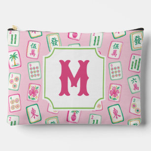 Rosa und grüne Palm Beach Mahjong-Kacheln Monogram Zubehörtasche