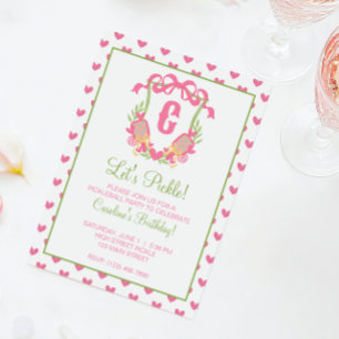 Rosa und grüne Pickleball-Schläger Monogramm-Wappe Einladung