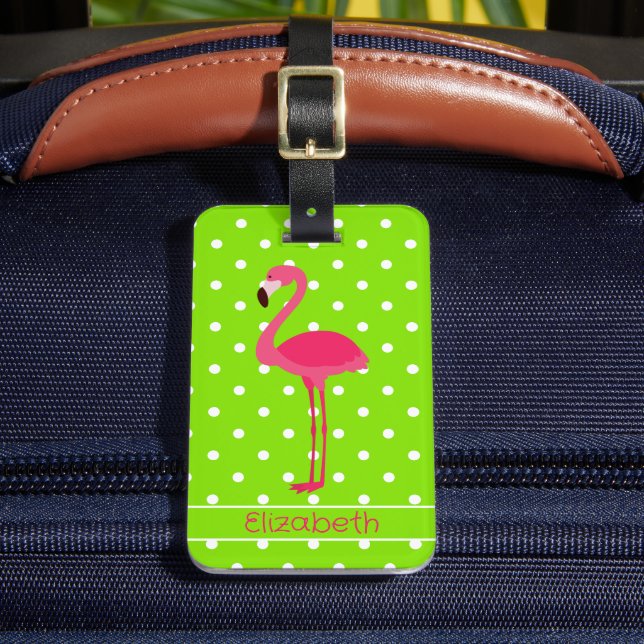 Rosa und grüne Polka Dot Flamingo Personalisiert Gepäckanhänger (Vorderseite Insitu 2)