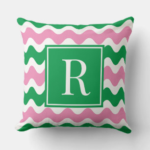Rosa und grüne preppy Ric-Rac-Streifen-Monogramm Kissen