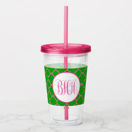 Rosa und grüne Quatrefolie und Monogramm Acryltrinkbecher