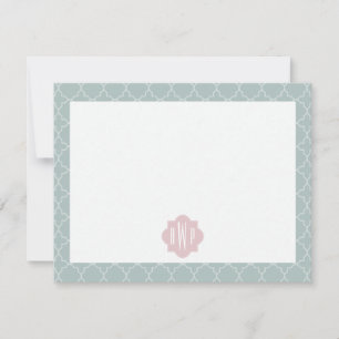 Rosa und grüne Quatrefolienmonogramm Mitteilungskarte