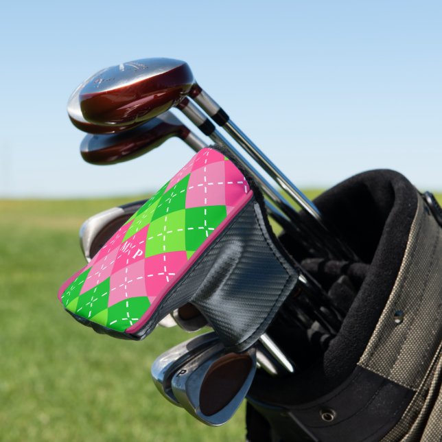 Rosa und grüne Raute mit weißem Stich Golf Headcover (In Situ)