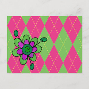Rosa und grüne Raute und Blume Postkarte