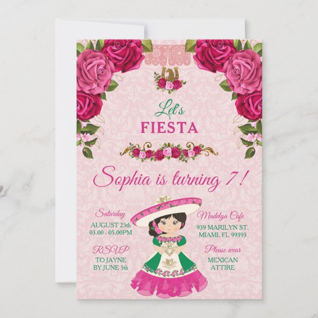 Rosa und grüne Rose Niedliche Girl Turning 7 Einladung (Vorderseite)