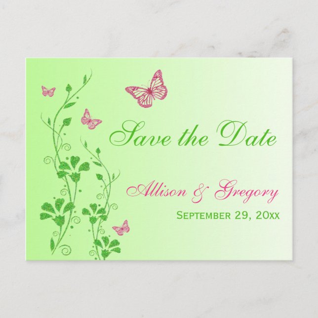 Rosa und grüne Schmetterlinge Save the Date Postka Ankündigungspostkarte (Vorderseite)