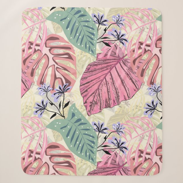 Rosa und grüne tropische Blätter, Blumen. Sherpadecke (Vorderseite)