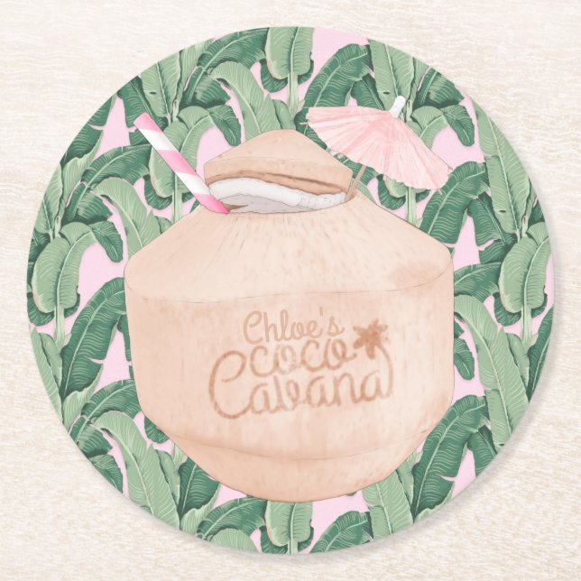 Rosa und grüne tropische Blätter | Coconut Drink | Runder Pappuntersetzer (Vorderseite)