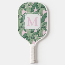 Rosa und grüne tropische Blätter | Monogram Cabana Pickleball Schläger