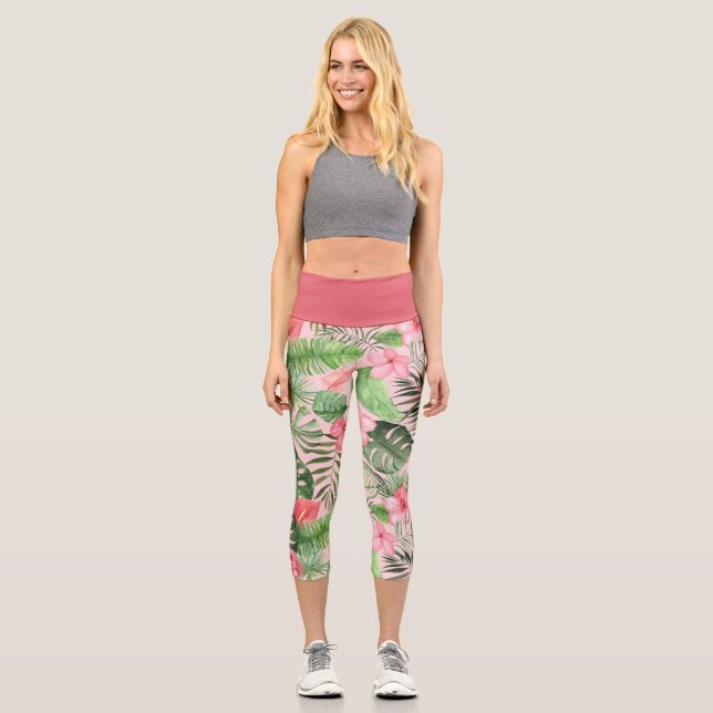 Rosa und grüne tropische Blume Capri Leggings (Vorderseite)