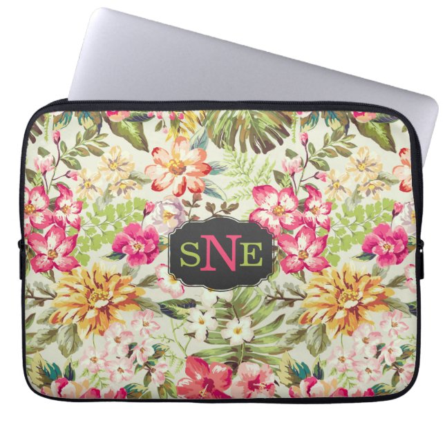 Rosa und grüne tropische Flora Laptopschutzhülle (Vorderseite)