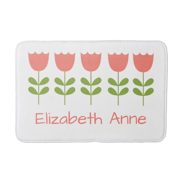 Rosa und grüne Tulpen Personalisiert reversibel Badematte (Vorderseite)