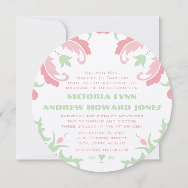 Rosa und grüne Vintage Damaskus-Hochzeit Einladung (Vorderseite)