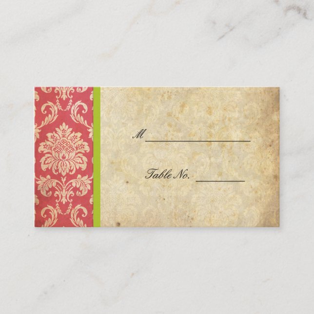 Rosa und grüne Vintage Damasplakate Platzkarte (Vorderseite)