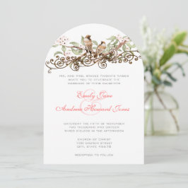 Rosa und grüne Vintage Liebesvögel Hochzeit Einlad Einladung