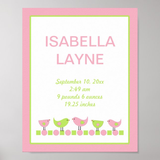 Rosa und grüne Vögel Kinderzimmer Mauer Kunst Poster (Vorne)