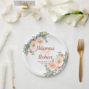 Rosa und grüne Wasserfarben-Blumen-Hochzeitspapier Pappteller