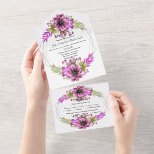 Rosa und grüne Wasserfarben-Blumenhochzeit All In One Einladung