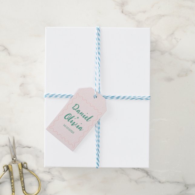 Rosa und grüne Wavy-Hochzeit Geschenkanhänger (Mit Garn)