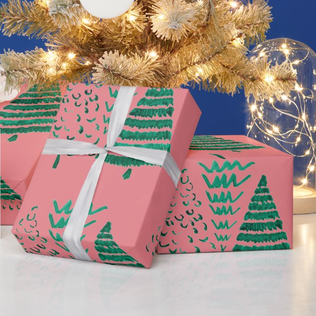 Rosa und grüne Weihnachtsbäume Geschenkpapier (Feiertage)