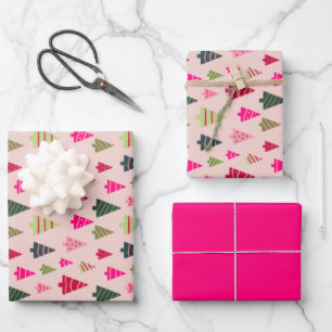 Rosa und grüne Weihnachtsbäume Geschenkpapier Set