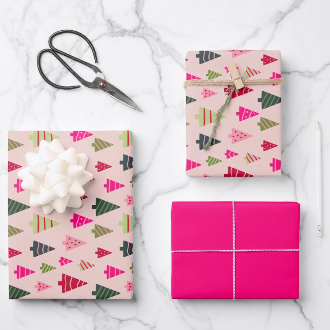 Rosa und grüne Weihnachtsbäume Geschenkpapier Set (Vorderseite)