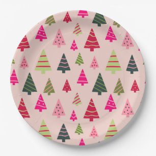 Rosa und grüne Weihnachtsbäume Pappteller