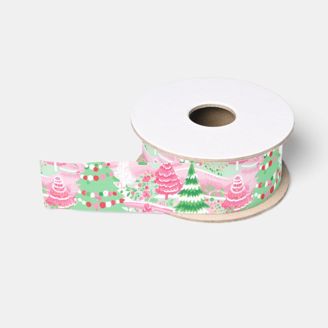 Rosa und grüne Weihnachtsbäume Ripsband (Spule)