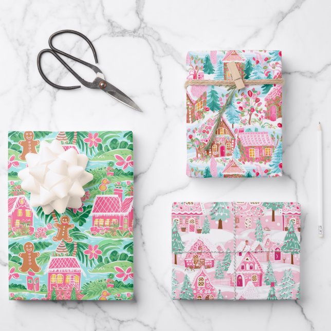 Rosa und grüne Weihnachtsgingerbäume Geschenkpapier Set (Vorderseite)