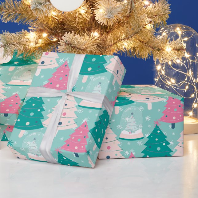 Rosa und grüne Weihnachtsschneeglobe Geschenkpapier (Feiertage)