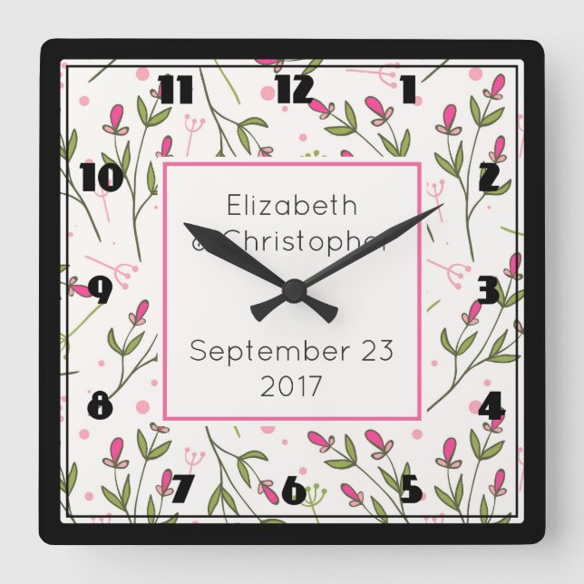 Rosa und grüne Wildblumen Muster Hochzeit Quadratische Wanduhr (Vorderseite)