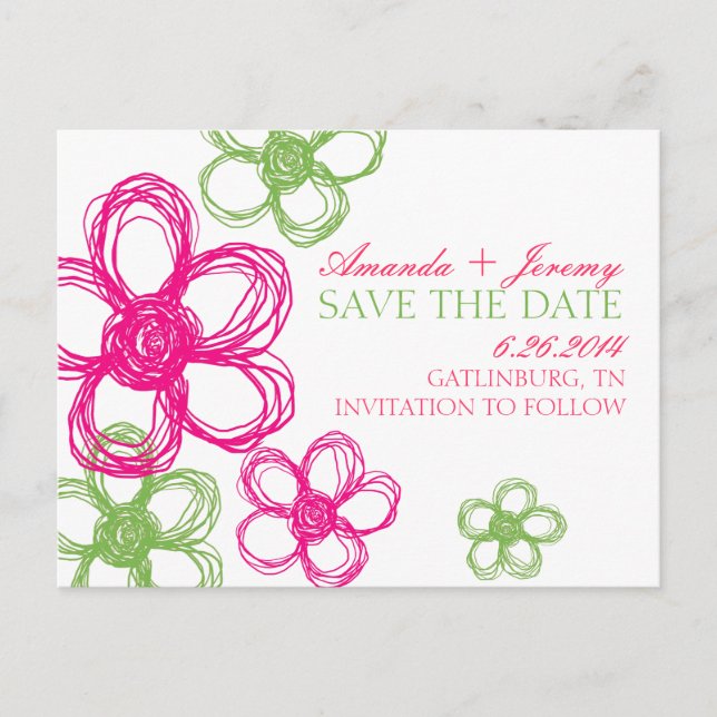 Rosa und grüne Wildblumen Save the Date Ankündigungspostkarte (Vorderseite)
