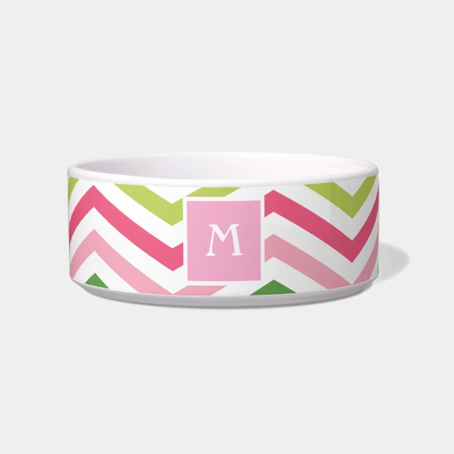 Rosa und grüne Zickzack| Monogramm Katzenschale Napf (Vorderseite)