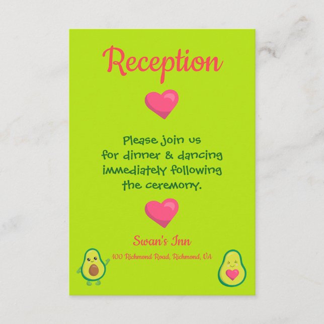 Rosa und grüner Avocado Hochzeitsempfang Begleitkarte (Vorderseite)
