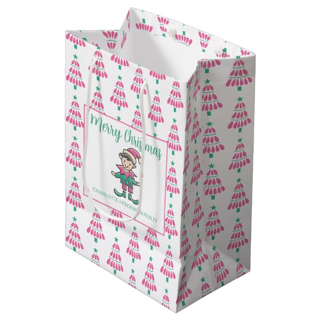 Rosa und grüner froher Weihnachtsbaum Mittlere Geschenktüte (Vorderseite Schrägansicht)