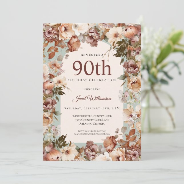 Rosa und grüner Garten Blumenarsch 90. Geburtstag Einladung (Stehend Vorderseite)