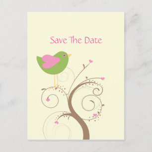 Rosa und grüner Lovebird und Herzen Save the Date Ankündigungspostkarte