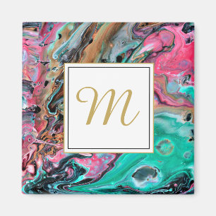 Rosa und grüner Marmor-Monogramm Magnet