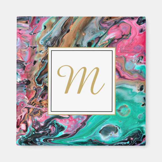 Rosa und grüner Marmor-Monogramm Magnet (Vorne)