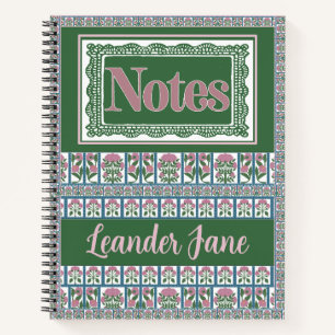 Rosa und grünes florales Folk-Art-Quiltmuster Notizbuch