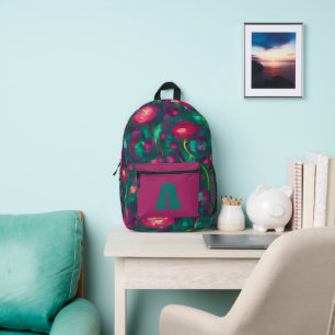 Rosa und grünes florales Monogramm Bedruckter Rucksack