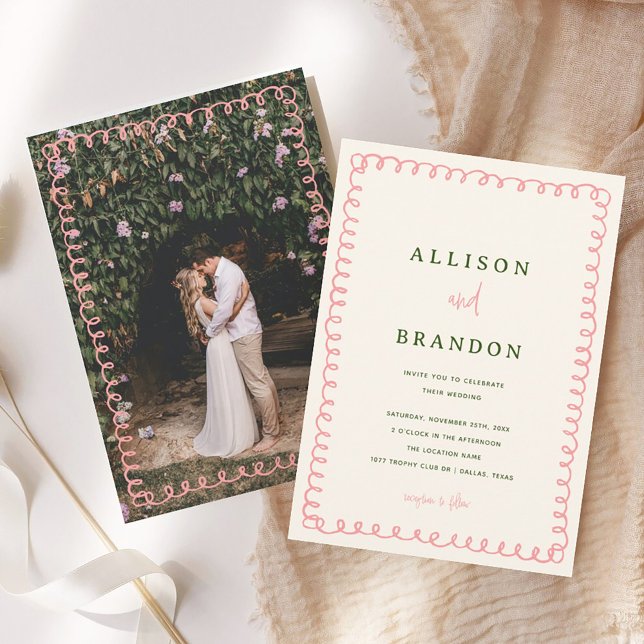 Rosa und grünes Foto mit farbenfrohen Hochzeiten Einladung (Von Creator hochgeladen)