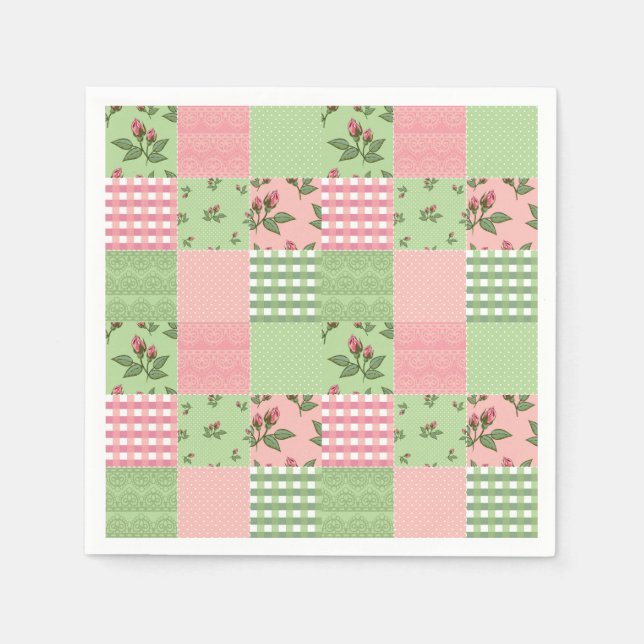Rosa und grünes Gingham Patchwork Papier Napkins Serviette (Vorderseite)
