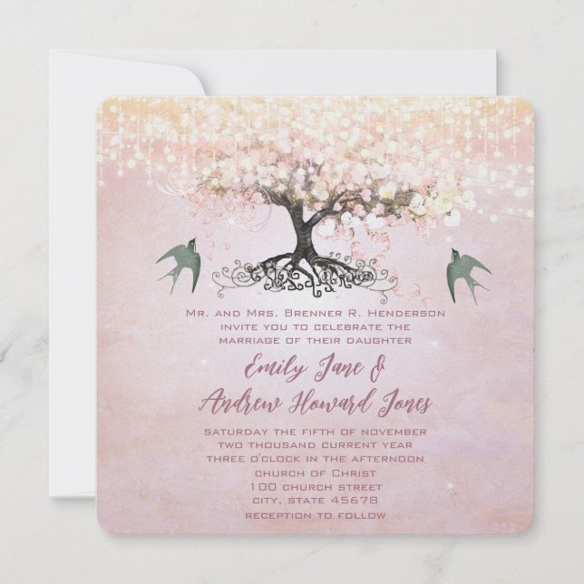 Rosa und grünes Herz Leaf Tree Love Bird Wedding Einladung (Vorderseite)