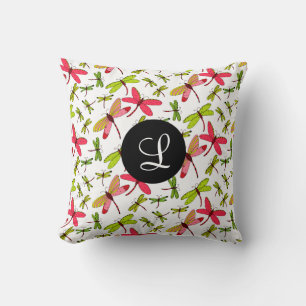 Rosa und grünes Libellen-Monogramm Kissen