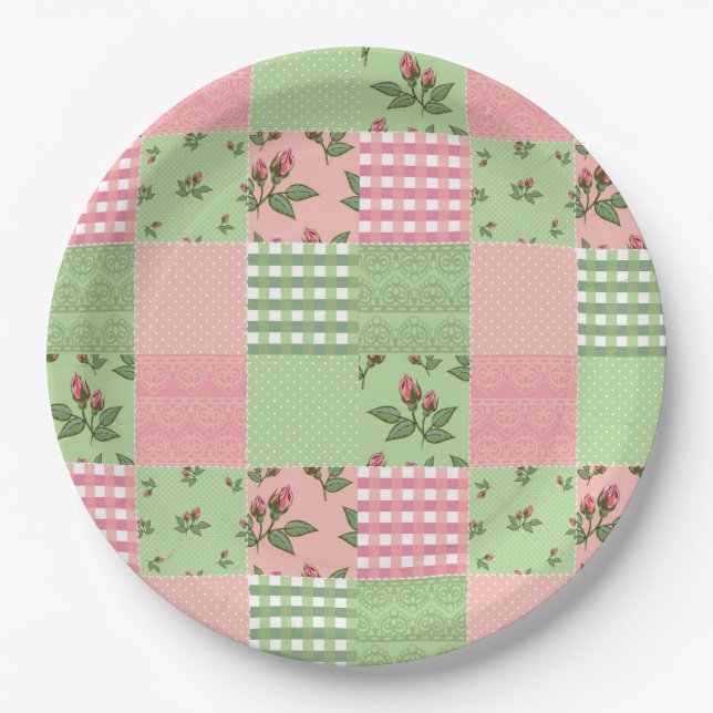 Rosa und grünes Muster - Quiltmuster Pappteller (Vorderseite)