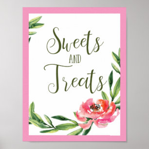 Rosa und grünes Wasserfarben-Blumen-Süßigkeiten-Sc Poster