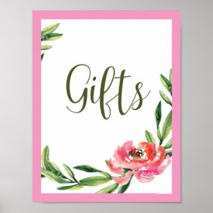 Rosa und grünes Wasserfarben-Blumengeschenk-Schild Poster