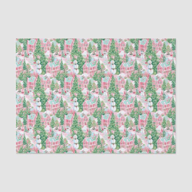 Rosa und grünes Weihnachtsdorf Seidenpapier (Vorderseite)